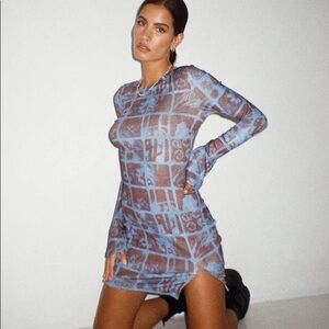 Motel Rocks Blue and Brown Mesh Long Sleeve Mini Dress